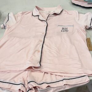 Rae Dunn Pink "Bride Squad" Two-Piece Pajama Set with Black Piping